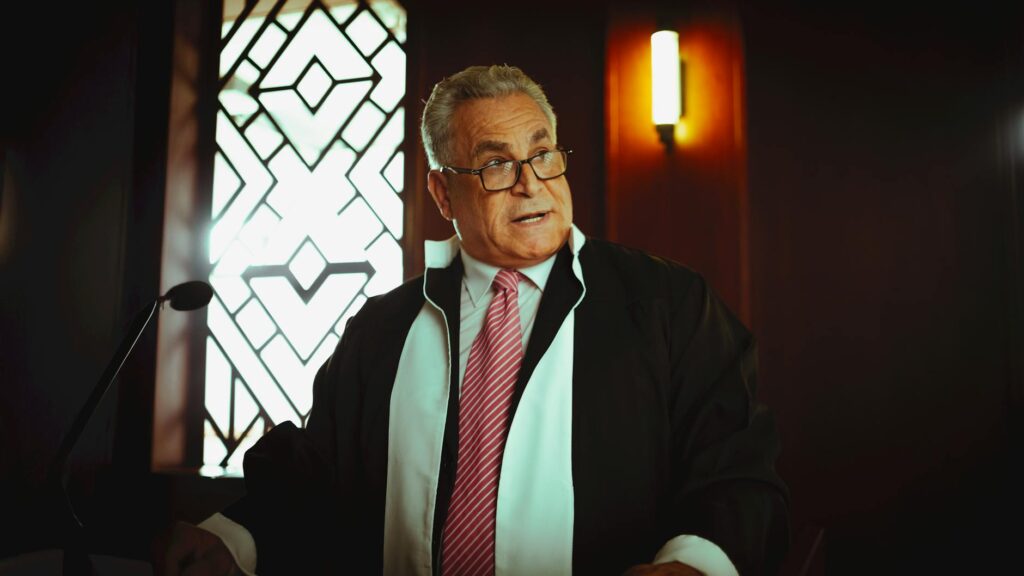 A courtroom scene depicting a grandparent in a visitation rights hearing, illustrating the legal rights grandparents in Ut…