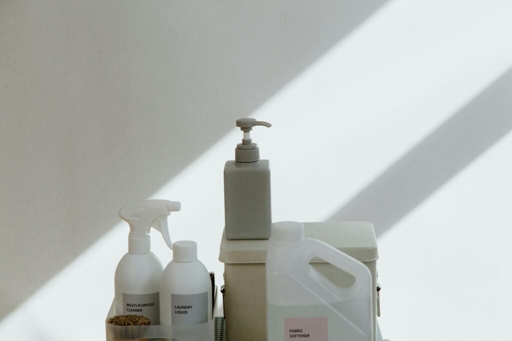 Close-up of non-toxic cleaning supplies for a health-conscious home. — safe home for grandchildren Utah
